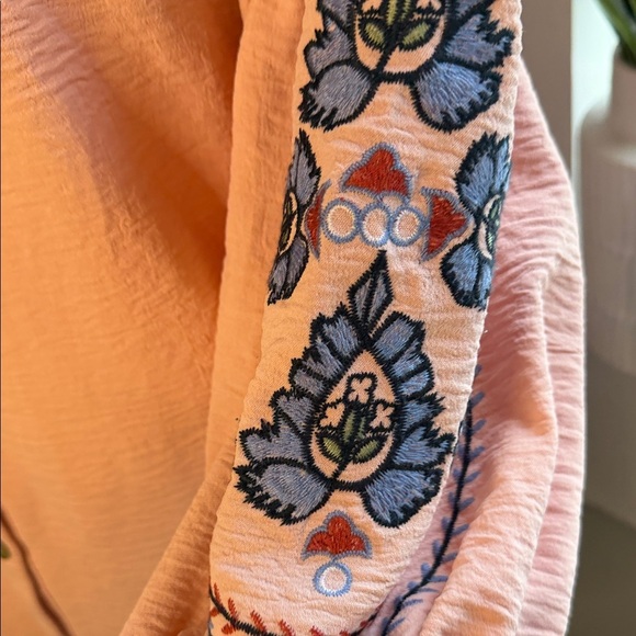Anthropology Fig and Flower Peach Blouse with Navy Embroidery/ Large 3/4 Sleeve - Picture 3 of 7